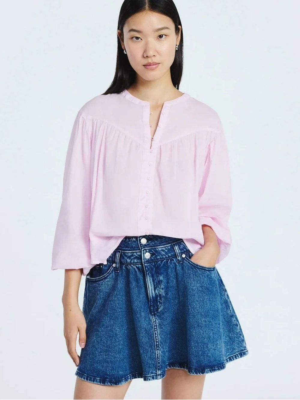 Women’s Flowy Cotton Relaxed Light Pink Button-Front Blouse